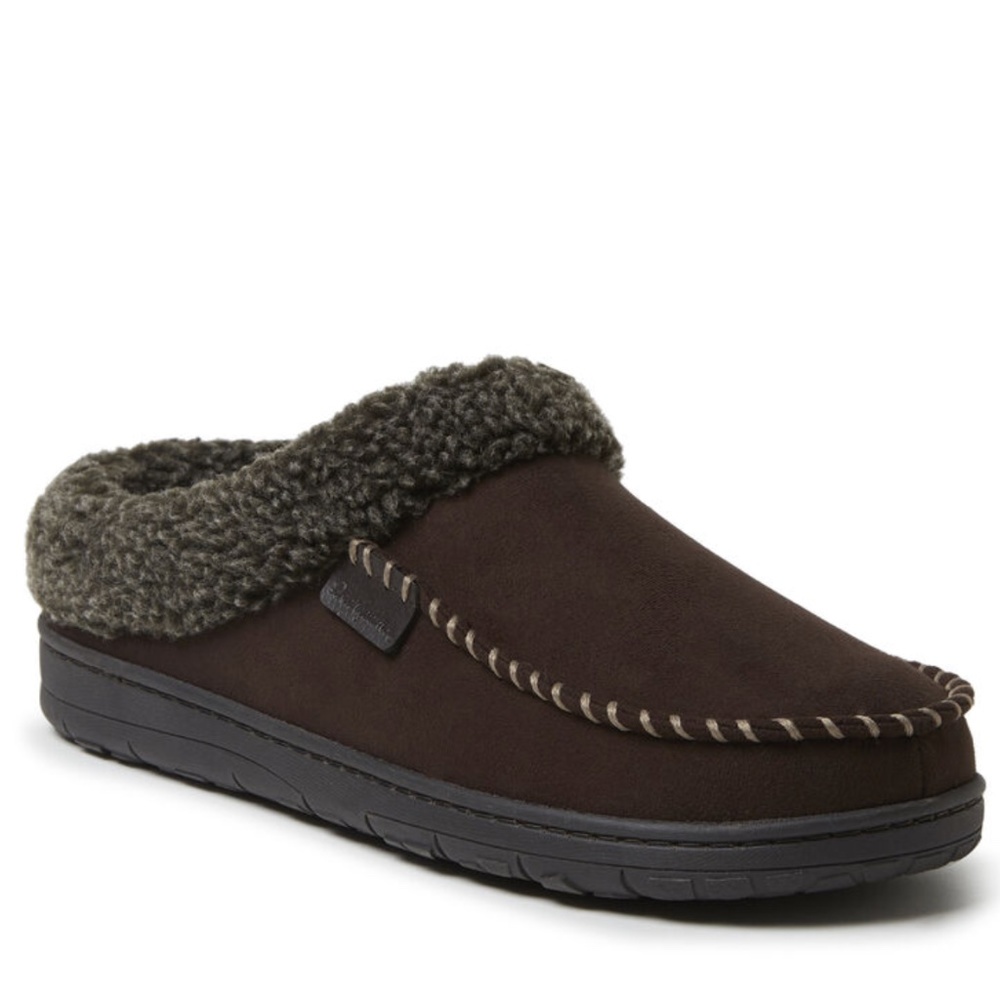 dearfoams Brown Slip-On Moccasin Slipper with Gray Sherpa Collar